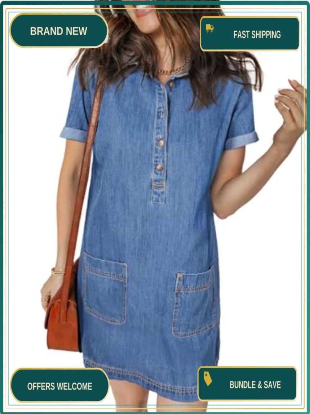 Womens Casual Denim Mini Dress Cotton A-Line Button Down Short Sleeve